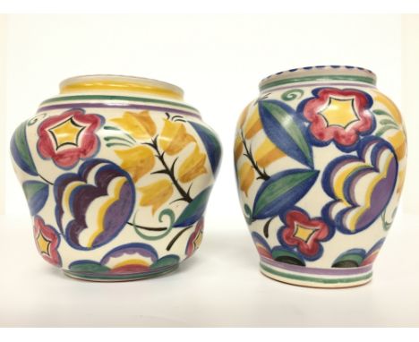 A Poole Pottery red bodied Traditional vase, decorated in the YW design by Doris Marshall together with another (both 5 inche