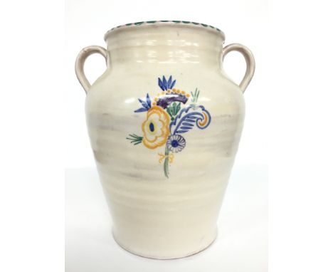 A Carter Stabler Adams Poole Pottery red bodied twin handled early period vase, decorated in the CY design by Ruth Paveley (1