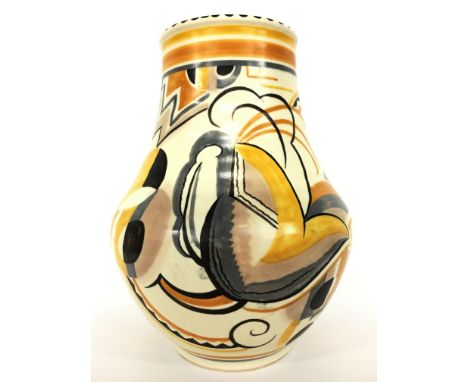 A Poole Pottery earthenware vase, shape 203, decorated in the Art Deco YE  Geometric design by Clarice Heath (9 inches).