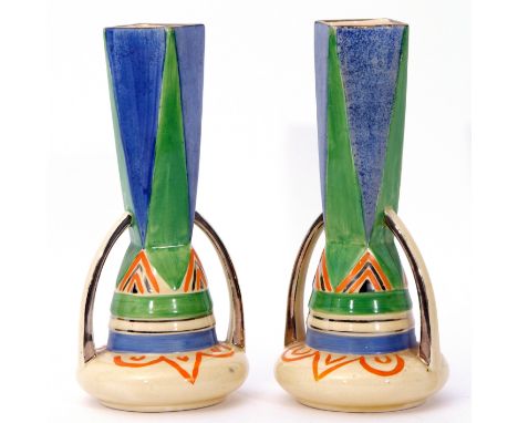Pair of Art Deco vases, possibly Myott, with ovoid bodies and faceted shaped necks, in blue and green with a geometric design