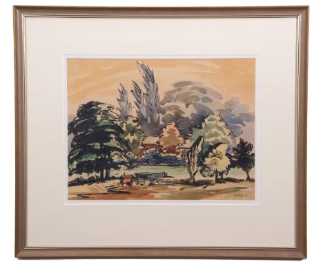 AR A E Blake (20th century) Landscape with tractor and trailer watercolour, signed and dated 56 lower right 33 x 44cm
