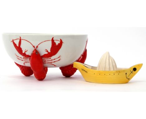 Carlton ware bowl, the legs modelled as lobsters, factory mark to base and design no 715641, together with a pottery lemon sq