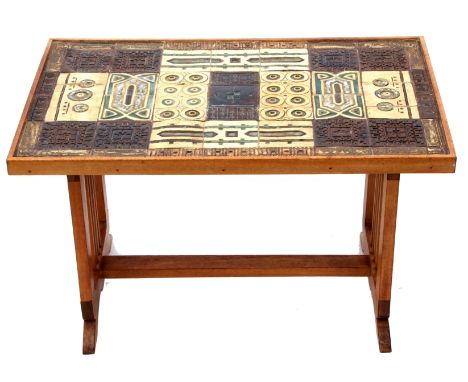 20th century rectangular coffee table inlaid with ceramic tiles in abstract design, 45cm high