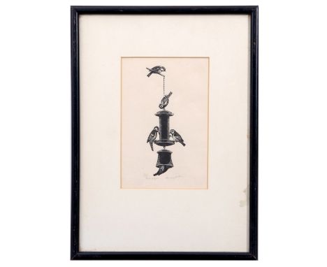 AR Clare Veronica Hope Leighton, SWE, ARE, RE (1898-1989 "Tits on hopper" black and white woodcut, signed, numbered 1/xxx and
