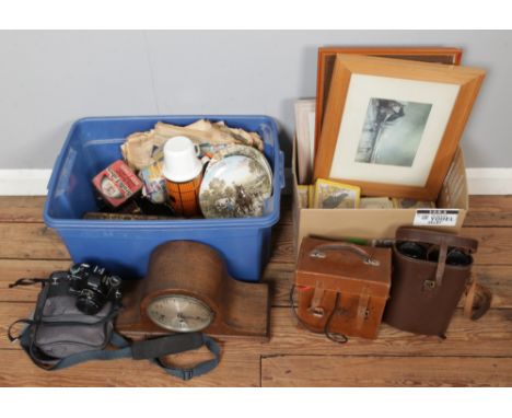 Two boxes of miscellaneous to include Ricoh XR-20 Steplux binoculars, Widex mantel clock, glassware, ordinance survey maps et