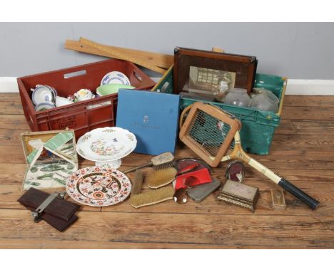 Two boxes of miscellaneous to include Royal Worcester, Aynsley, Royal Cauldon, dressing table set, tennis racket, yard stick,