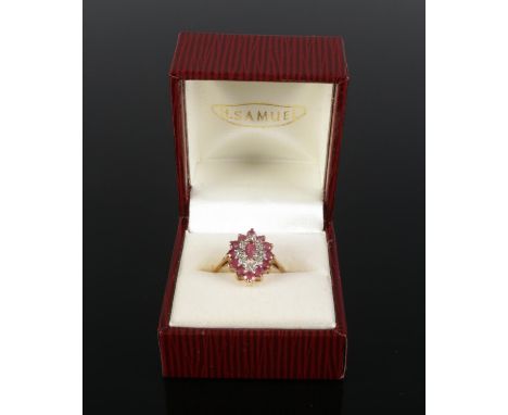 A 9ct gold Ruby &amp; diamond Marquise ring. Size N. Total weight 2.44g.