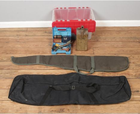 A box of miscellaneous to include Esso Blue Parrafin can, gun cases, blowtorch spout, Sievert propane burners, etc.