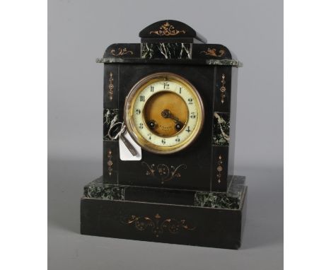 A 19th century French slate/marble mantel clock. The dial marked for A Hurst, Paris.  Missing pendulum, one damaged chip at t
