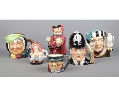 Six ceramic character and toby jugs, to include Royal Doulton The London 'Bobby' D 6744, The Falconer D 6533 and Sairey Gamp.