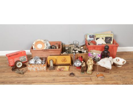 Three boxes of miscellaneous to include assorted ceramic figures, crested ware, wade, transistor alarm, metal wares, cut glas