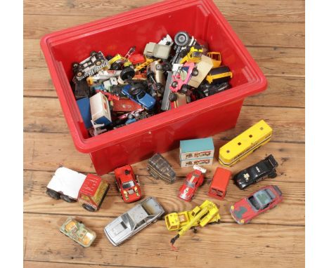 A box of play worn diecast vehicles. Includes Tonka, Matchbox, ERTL, Corgi etc.