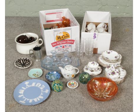 Mixed Collection of Glass and Ceramics, including a large Wedgwood plate, small tea pots and Art Deco glass dressing table se