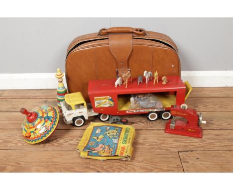 A collection of vintage toys, including Triang "Big Top Circus" tractor &amp; trailer unit with animals, vintage Vulcan red m