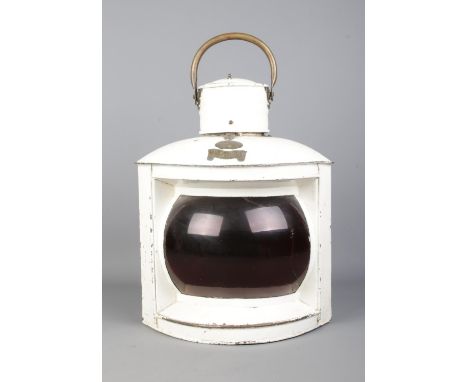 A Grieve and Gillespie, North Shields, ships lantern; Port. With swing handle and red glass front. White painted.  Hinge of d