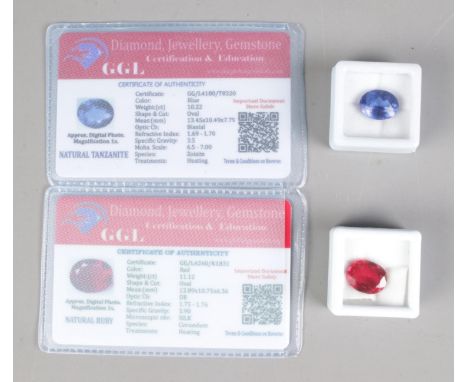 Two Large Ruby &amp; Tanzanite style specimens, oval cut with GGL identification/COA