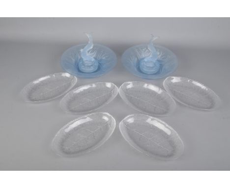 A pair of Art Deco depression glass blue float bowl centrepiece with upright fish flower frog, and six vintage French Arcoroc
