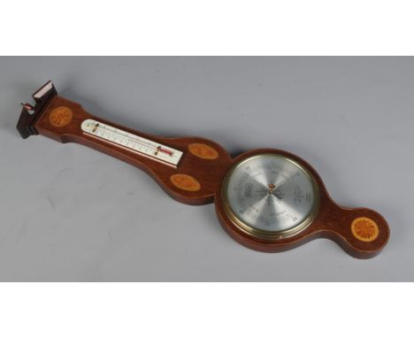 Regency style Comitti of London Barometer, mahogany case with walnut veneer and marquetry shell inlay, include a thermometer 