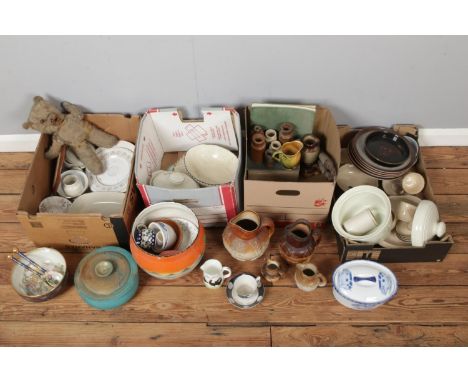 Four boxes of mixed collectables including a large amount of stoneware and harvest design jugs, oriental bowl, Crown Devon, B