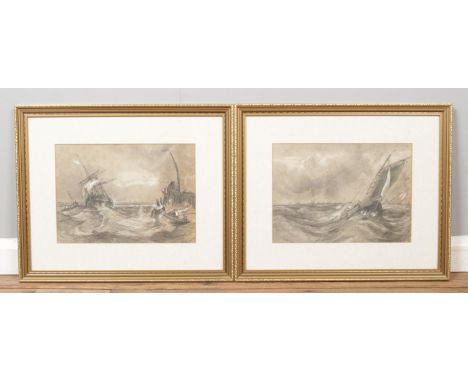 A pair of gilt framed pencil sketches of fishing boats near harbour on stormy seas. Both signed lower right, indistinct, poss