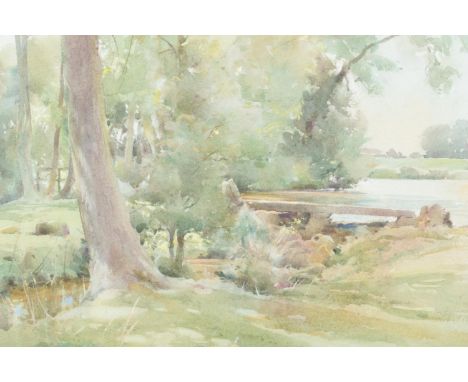 David Jan Curtis (1948-), a framed watercolour, landscape scene, Little Footbridge, Carlton In Lindrick. 24.5cm x 34.5cm.