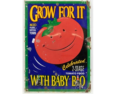 An enamel sign advertising Grow for it with Baby Bio, with smiling tomato pictured, height 51 cm x width 37 cm.
