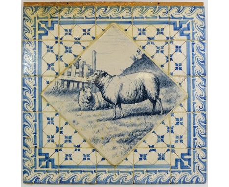 A Minton style Victorian butcher’s tile with printed blue decoration depicting sheep in a field, the tile mounted on a blue p