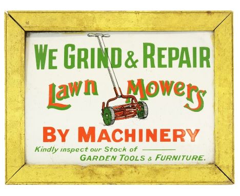 A wooden framed enamel lawn mower sign, We Grind &amp; Repair Lawn Mowers By Machinery etc, sign height 25.5 cm x width 35 cm