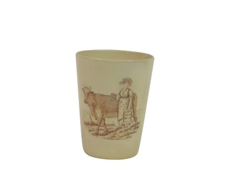 A late 19th Century dairy beaker with cow and milkmaid holding NEW MILK bucket in sepia. Rd No 157695 W&amp;R Stoke on Trent 