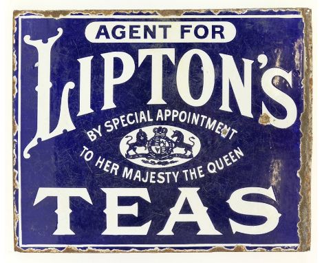 A double sided enamel sign advertising Lipton's Teas, by appointment to her majesty the queen in blue and white, height 33 cm