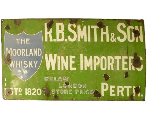 An enamel 'R.B. Smith &amp; Son', wine importers sign, advertising 'The Morland Whisky' 61cm x 122cm