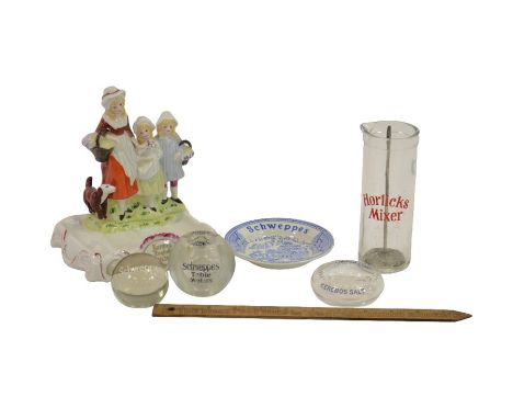 A selection of advertising items, including a 'Horlicks' 8oz glass mixer with plunger, a 'Schweppes' menu holder, a 'Schweppe