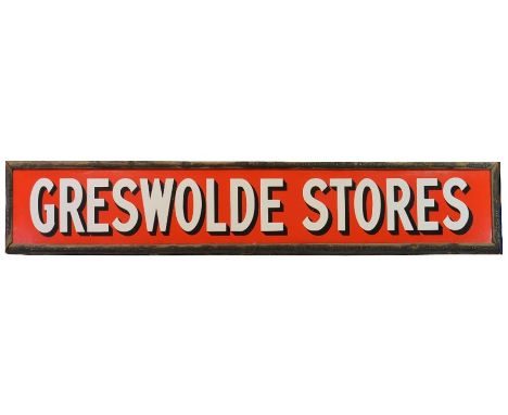 An enamel 'Greswolde Stores', believed to be Sparkhill, shop sign, framed, 29cm x 204cm, provenance: from Sparkhill shop, Bir