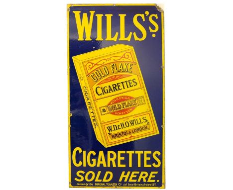 An enamel sign for Wills's Gold Flake Cigarettes, issued by The Imperial Tobacco Co Limited with packet in yellow against a b