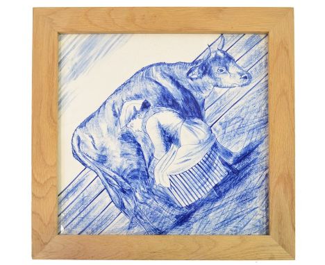 A large blue and white dairy shop tile mounted in an oak frame with impressed mark by Fleming of Glasgow. Believed removed fr