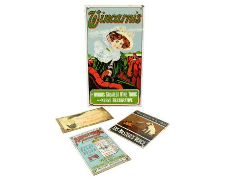 Three reproduction enamel signs, to include Wincarnis, Armstong Motor Oil and His Master's Voice together with a celuloid cov