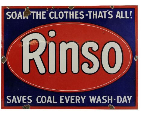 An enamel sign advertising RINSO, Soak the clothes - That's All! Saves coal every wash-day, height 46 cm x 61 cm.