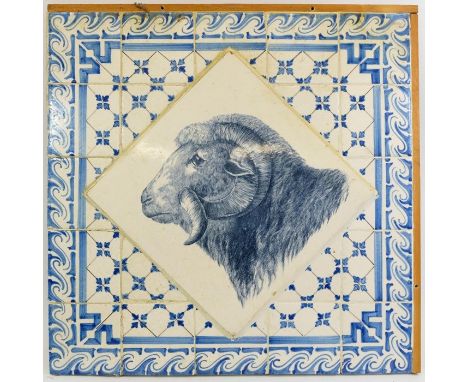 A Minton style Victorian butcher’s tile with printed blue decoration depicting a ram’s head, the tile mounted on a printed ti
