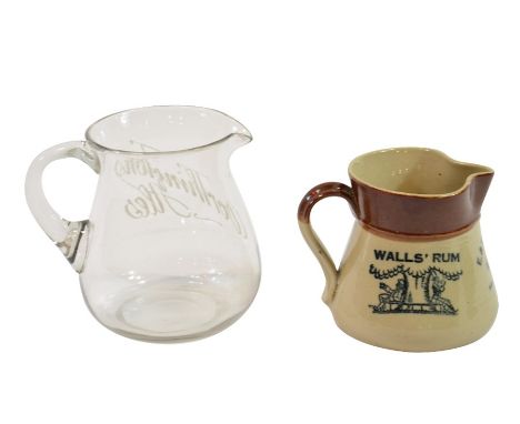 A freeblown clear glass pub jug marked WORTHINGTON ALES in white enamel, plus a salt glaze jug by Price, Bristol advertising 