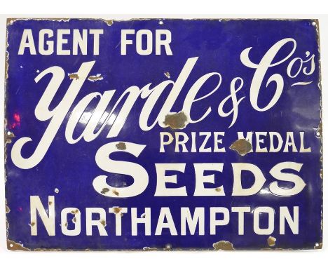 An enamel advertising sign for Yarde &amp; Co's Prize Medal Seeds, Northampton height 45.5 cm, length 60 cm.