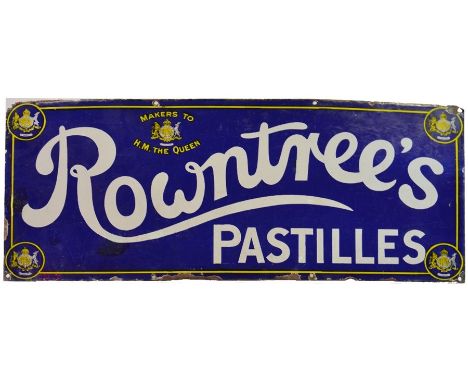 An enamel advertising sign for Rowntree's Pastilles, makers to H.M. The Queen, height 39 cm, length 92 cm.