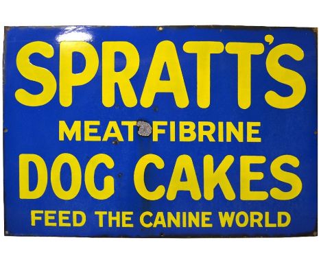 An enamel 'Spratt's', sign, advertising Meat Fibrine Dog Cakes 50.5cm x 76cm
