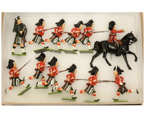 Britains - Set 9332 - Seaforth Highlanders - Charging, [1960-66 Issue], comprising: Mounted Officer, Piper &amp; 10 x Chargin