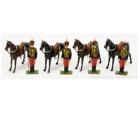 Britains - Set 182 - 11th Hussars - [1946 version], comprising: Dismounted Officer with Drawn Sabre, 3 x Dismounted Hussars &