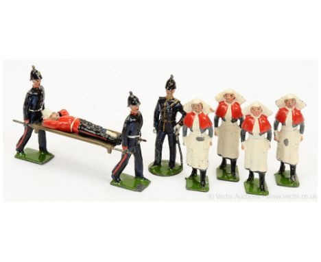 Britains - from Set 137 - Royal Army Medical Service [1910 versions - 1930's Issues], now comprising: Stretcher, 4 x Nurses w
