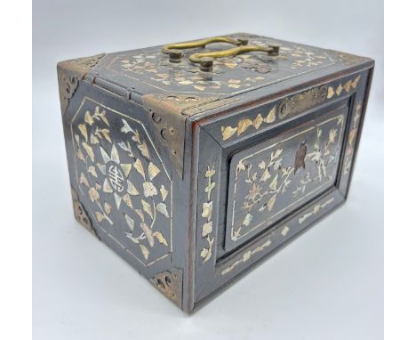Antique Chinese teak and mother of pearl inlaid cased mahjong set, approximately 150 bamboo and carved and stained bone tiles