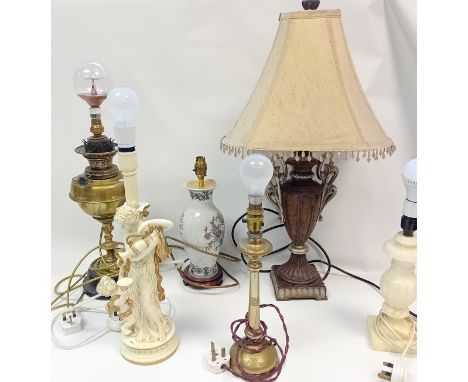 Collection of six lamps to include onyx, urn style with shade, converted brass oil lamp, ceramic and brass lamps
