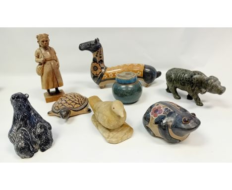 Collectable odds; Soapstone dove, Vintage 1970's Tonala Mexican Folk art of a toad, turtle and horse. Bear sculpture, stone p