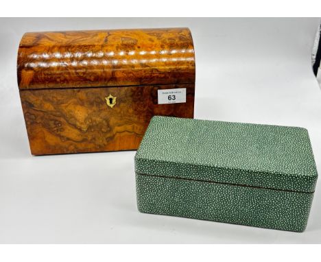 Walnut domed tea caddy together with an antique style faux shagreen cigarette box