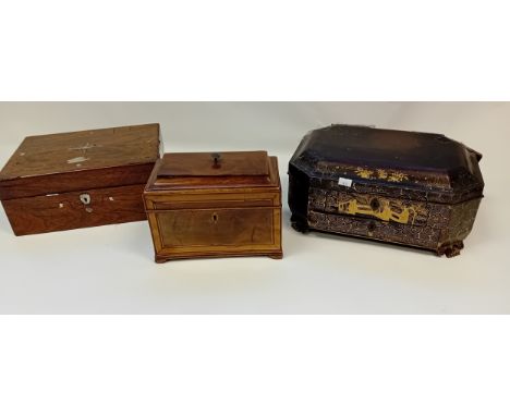 Antique English Tea Caddy, 19th Century Chinese work box (damaged) and inlaid sewing box